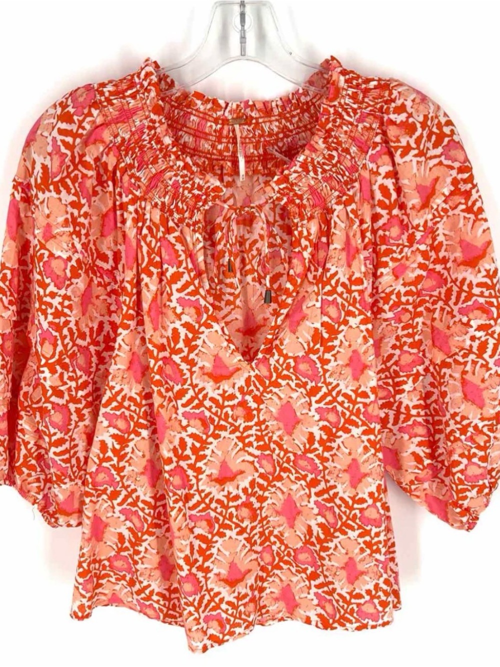 FREE PEOPLE Women's Smocked Neck 3/4 Balloon Sleeve Peasant Top - Size Small